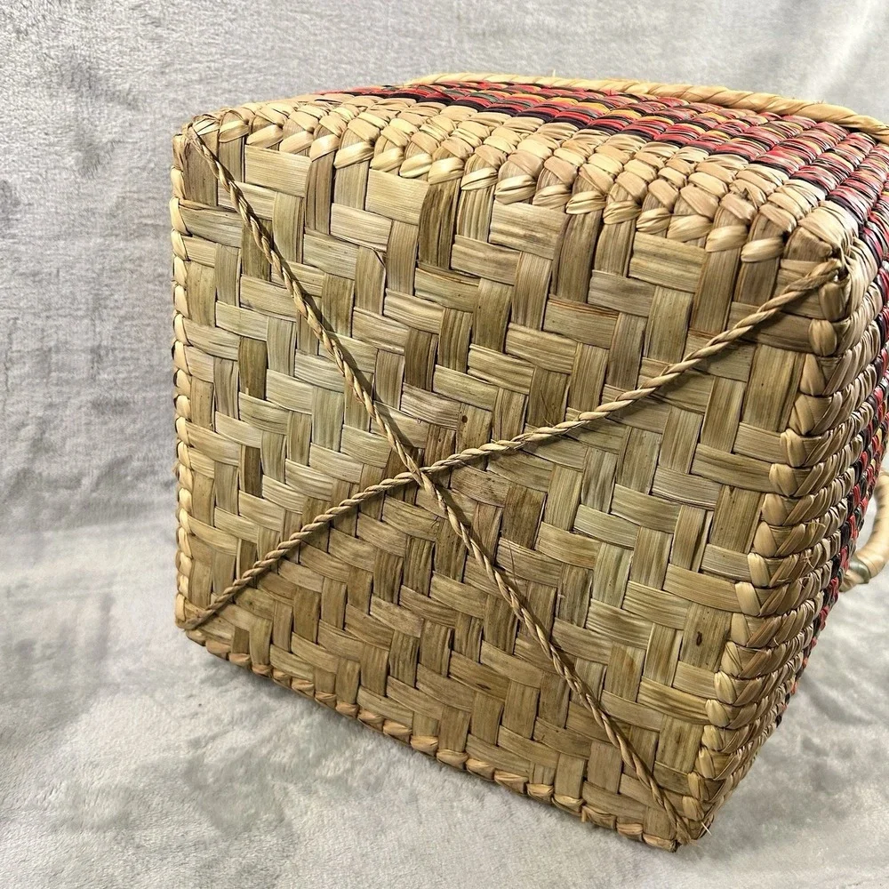 Mexican Square Basket W/‎ Handles & Lid, Colorful Woven Straw Boho Picnic Beach